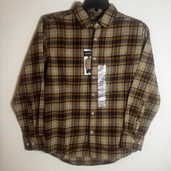 New Eddie Bauer Men's Small Bristol Flannel Cotton Khaki Plaid Shirt Fall NWT - Picture 1 of 14